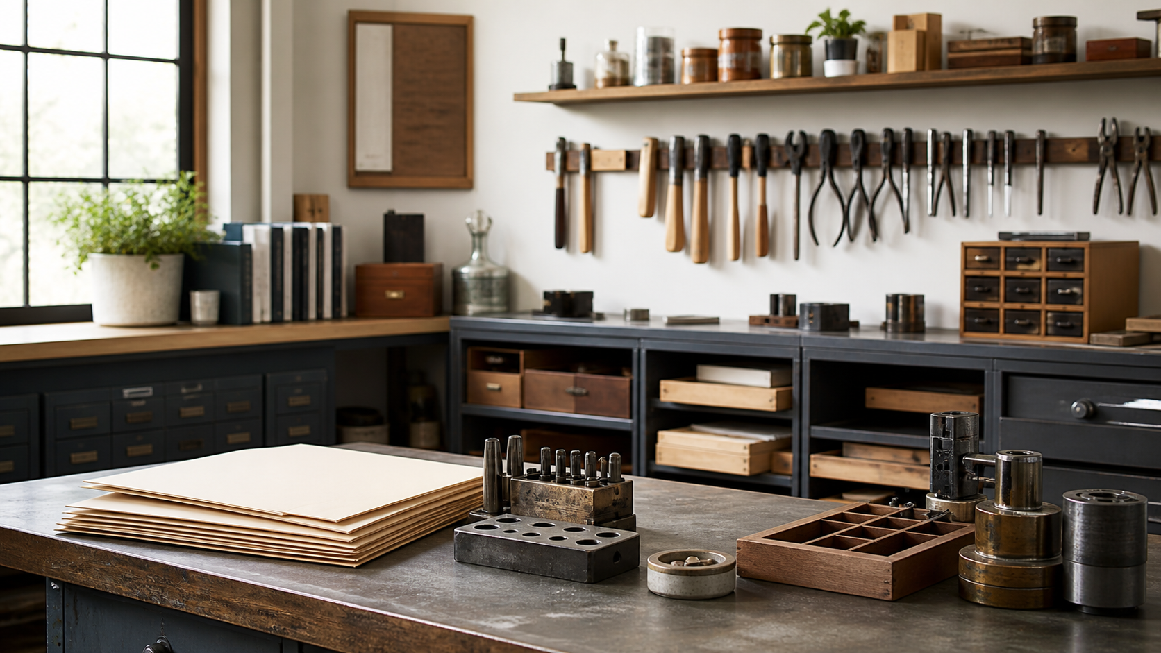 Organized craft workshop with tools and blank record folders